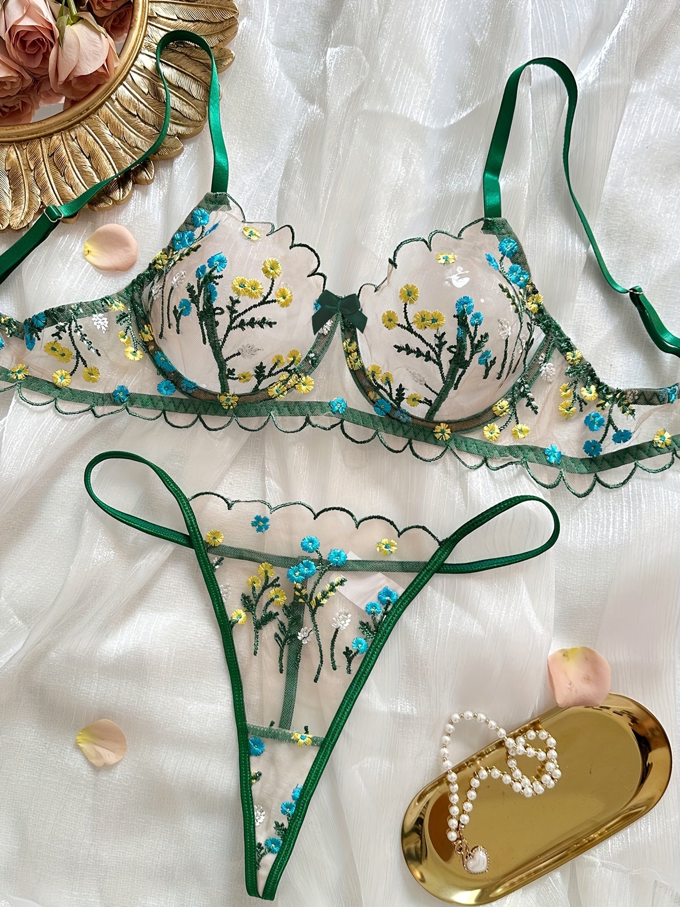 Romantic Chic Luxury Floral Embroidered Lingerie Set aqua/green flower