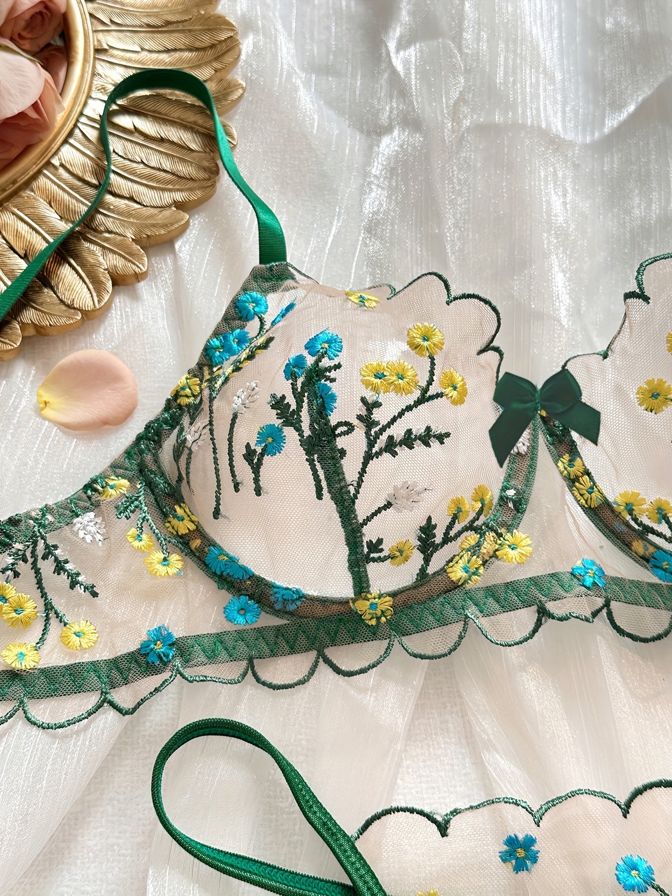 Romantic Chic Luxury Floral Embroidered Lingerie Set aqua/green flower