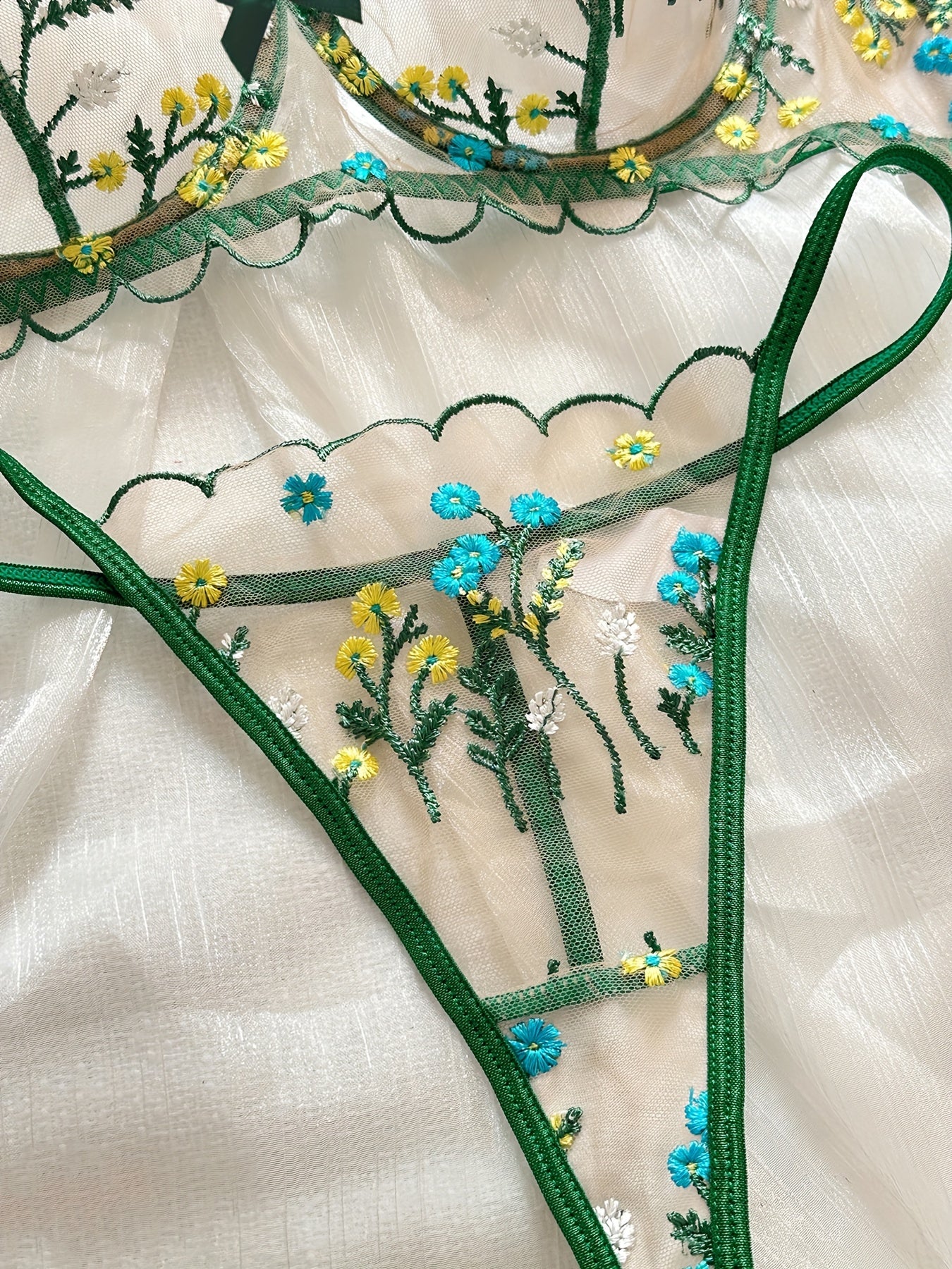 Romantic Chic Luxury Floral Embroidered Lingerie Set aqua/green flower