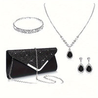 Elegant Set: Luxe Rhinestone Earrings, Necklace & Bracelet - Black, Shoulder Bag,