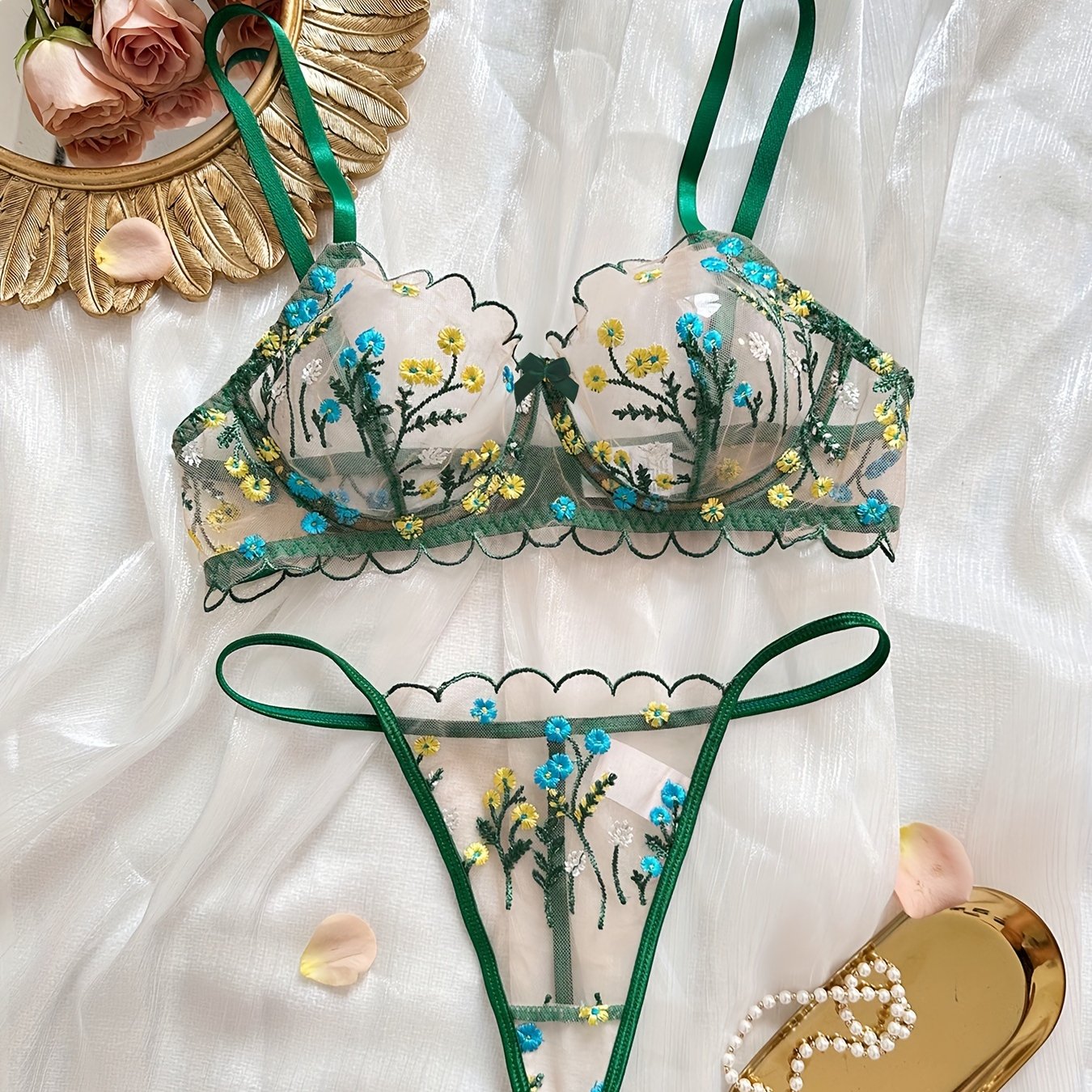 Romantic Chic Luxury Floral Embroidered Lingerie Set aqua/green flower
