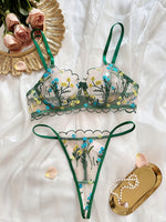 Romantic Chic Luxury Floral Embroidered Lingerie Set aqua/green flower