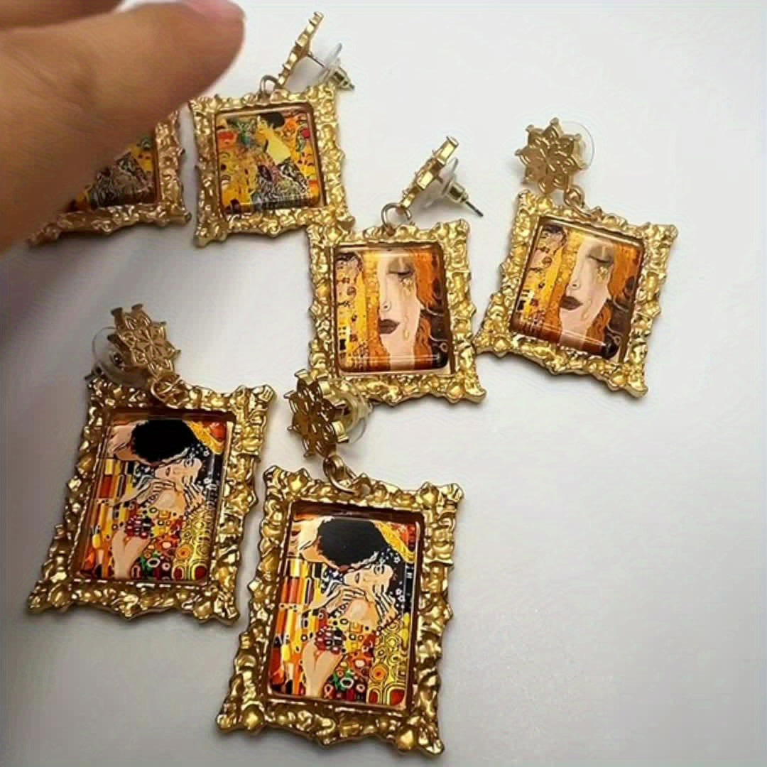 World Famous Vintage Golden Drop Earrings Kiss Oil Painting Jewelry Elegant Luxury