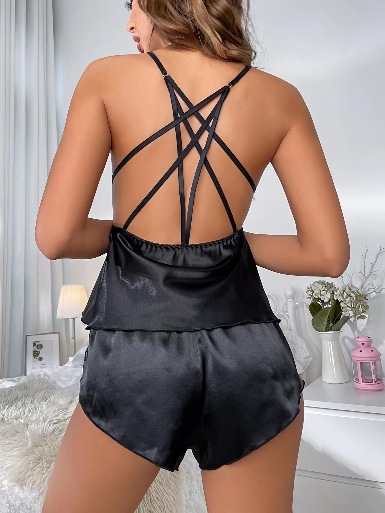 Sexy Satin Stitching V-Neck Pajama Set