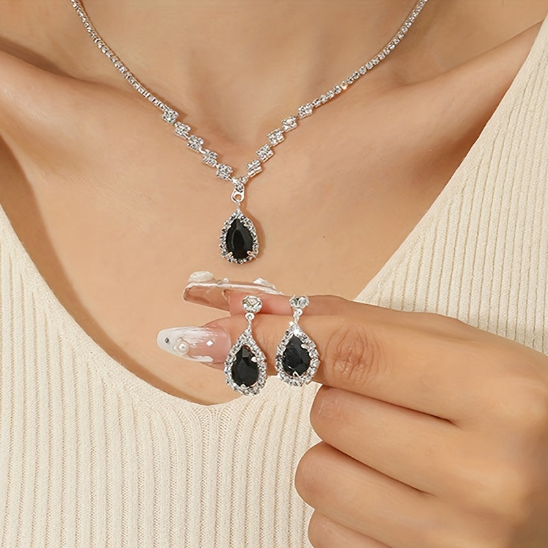 Elegant Set: Luxe Rhinestone Earrings, Necklace & Bracelet - Black, Shoulder Bag,