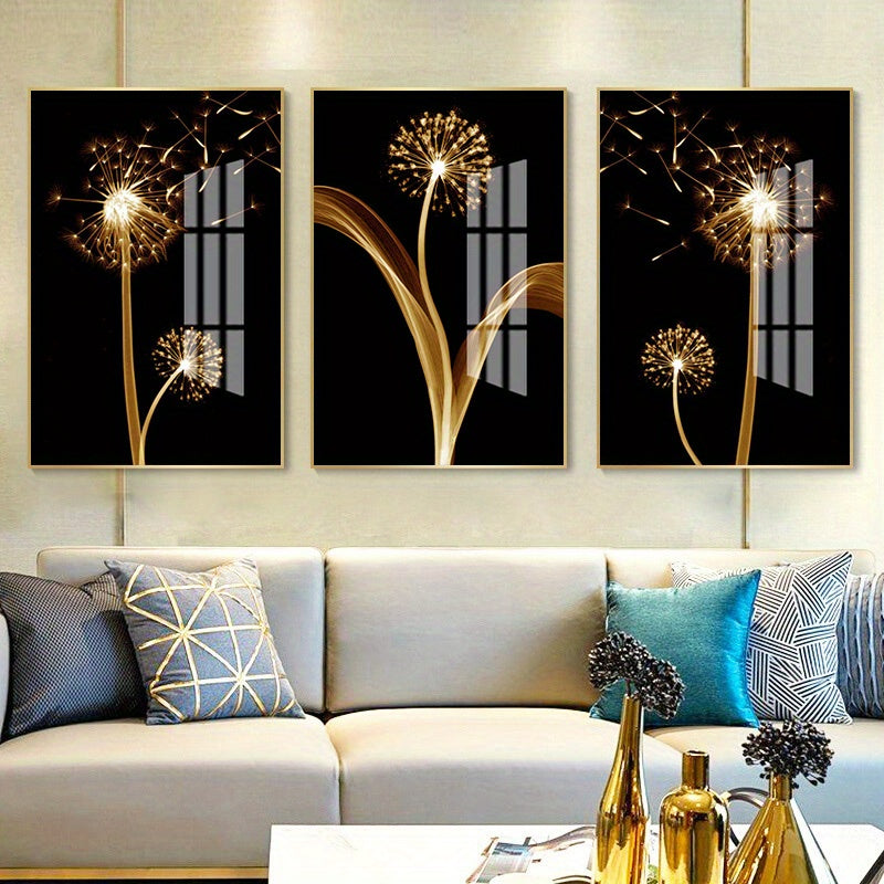 3pcs Golden Abstract Taraxacum Luxury Wall Art Canvas Painting
