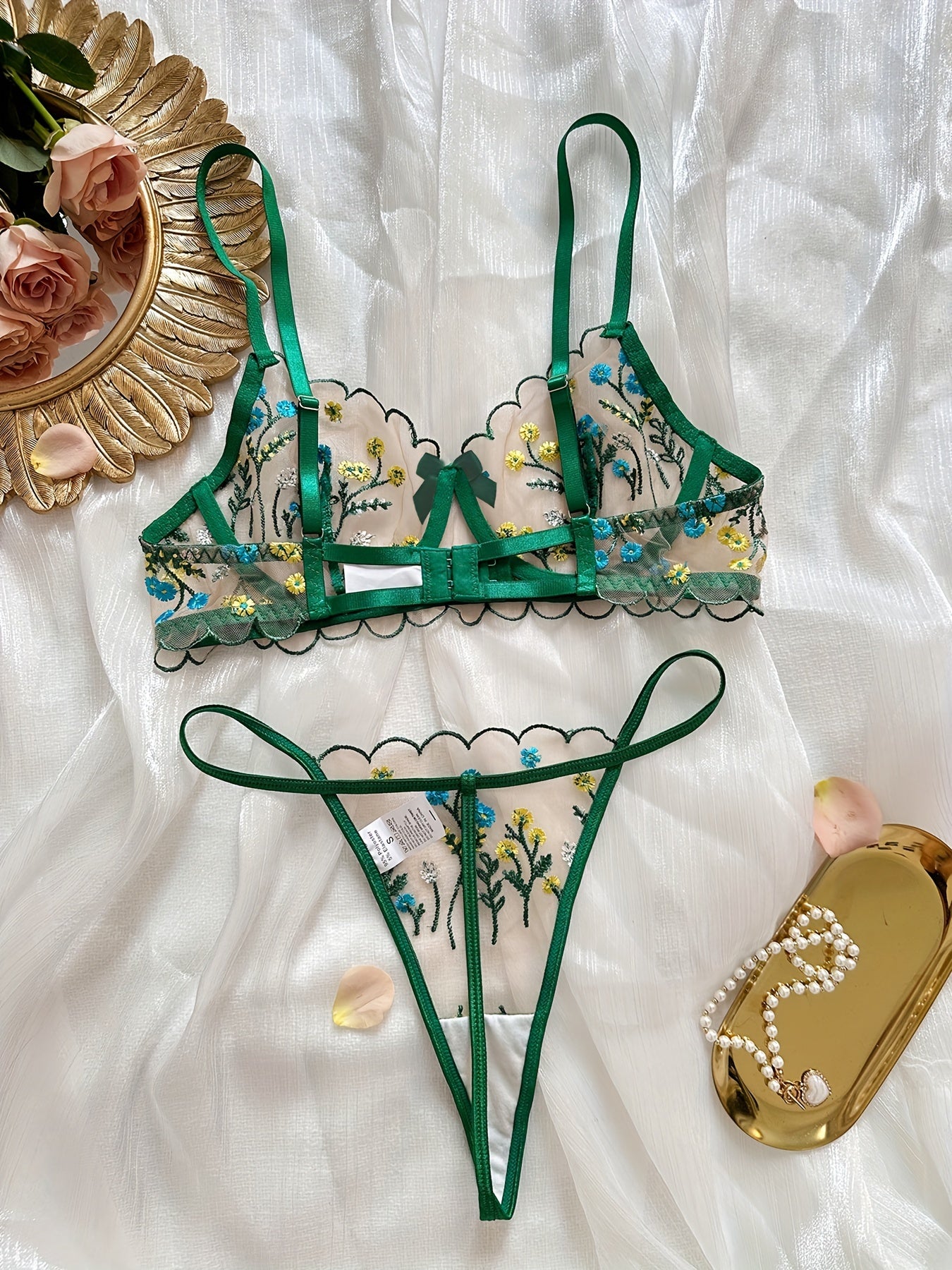 Romantic Chic Luxury Floral Embroidered Lingerie Set aqua/green flower
