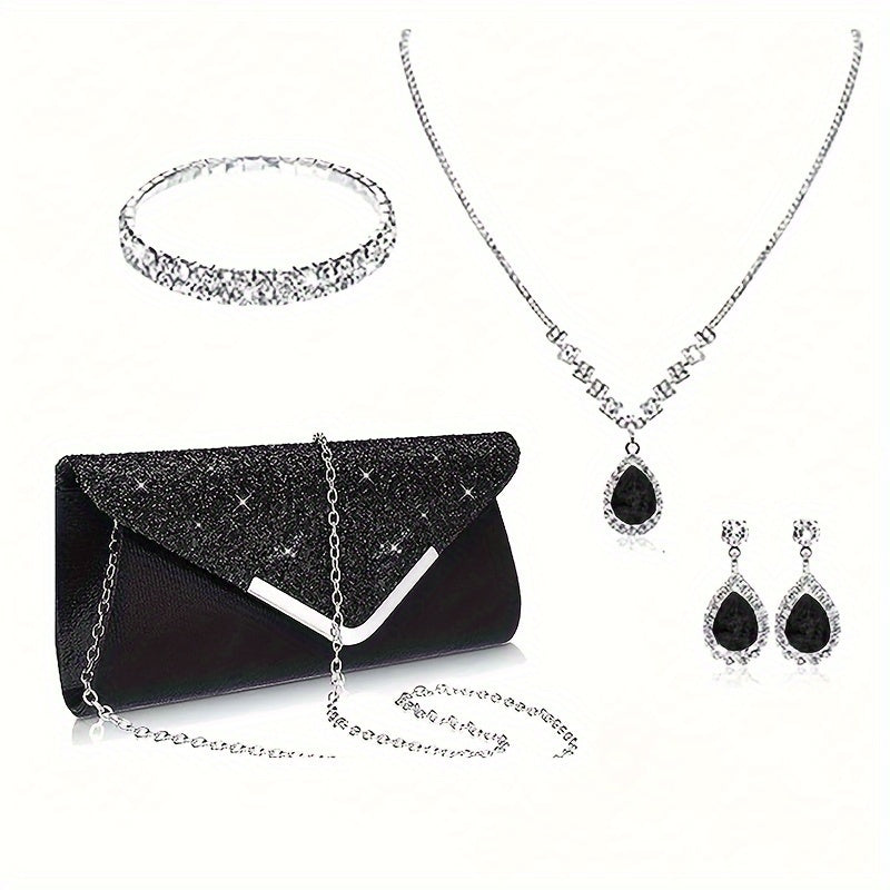 Elegant Set: Luxe Rhinestone Earrings, Necklace & Bracelet - Black, Shoulder Bag,