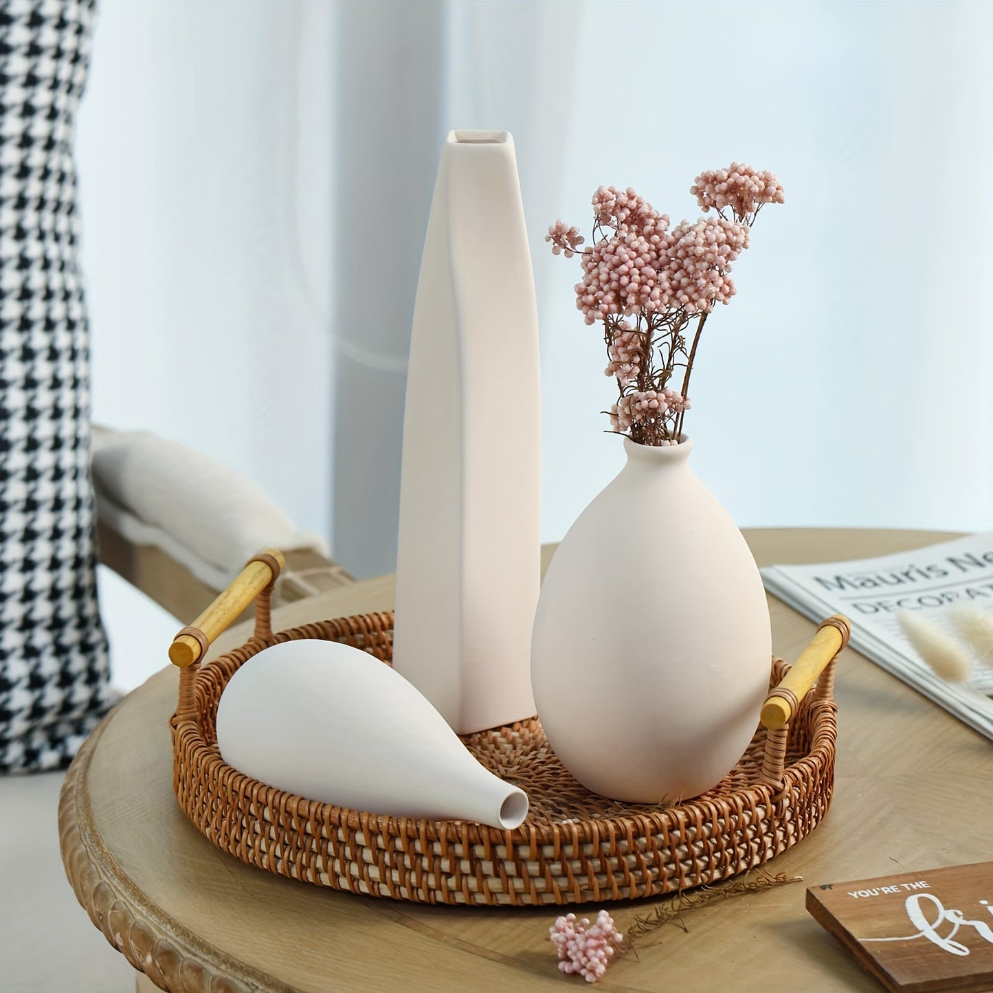 Modern Rustic Farmhouse White Ceramic Vase for Pampas Grass and Dried Flowers