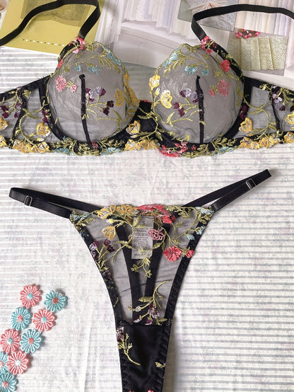 Romantic Luxury Floral Embroidery Lingerie Ensemble
