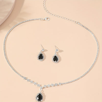Elegant Set: Luxe Rhinestone Earrings, Necklace & Bracelet - Black, Shoulder Bag,