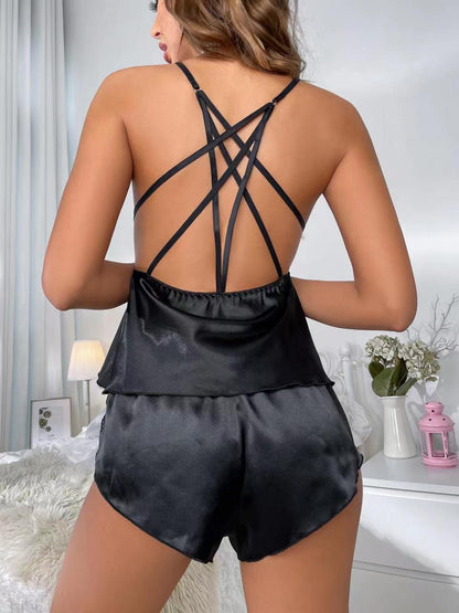 Sexy Satin Stitching V-Neck Pajama Set