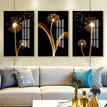 3pcs Golden Abstract Taraxacum Luxury Wall Art Canvas Painting