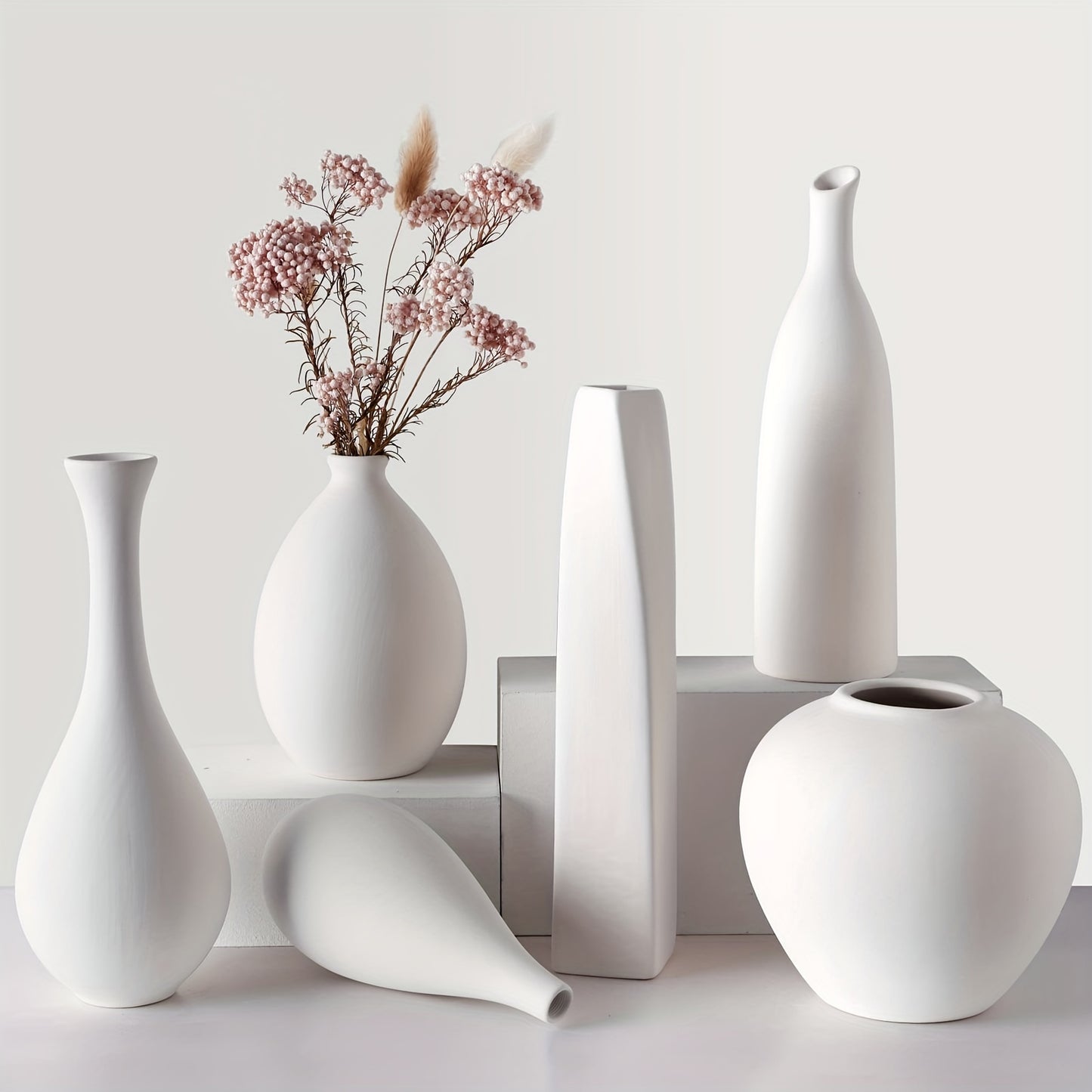 Modern Rustic Farmhouse White Ceramic Vase for Pampas Grass and Dried Flowers
