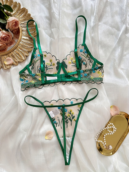 Romantic Chic Luxury Floral Embroidered Lingerie Set aqua/green flower