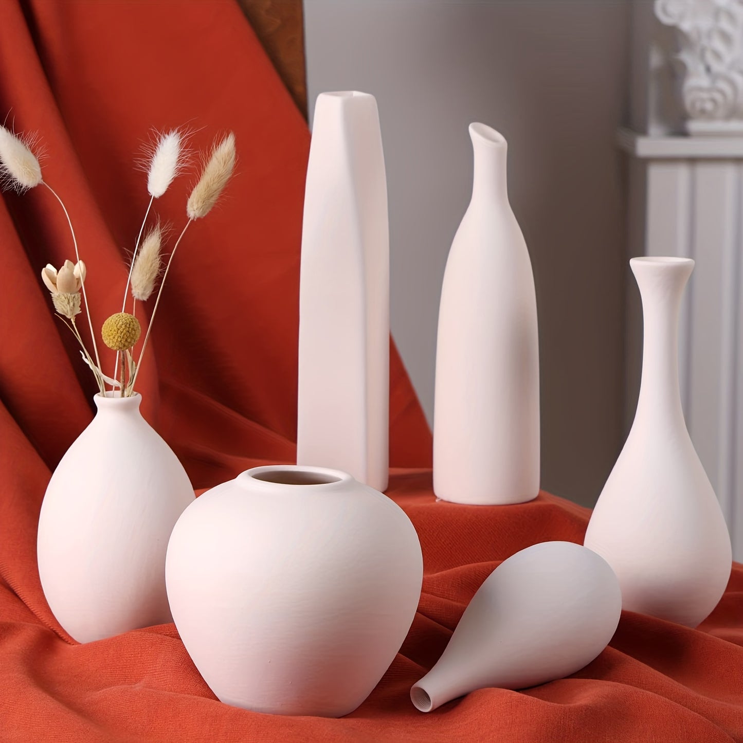 Modern Rustic Farmhouse White Ceramic Vase for Pampas Grass and Dried Flowers